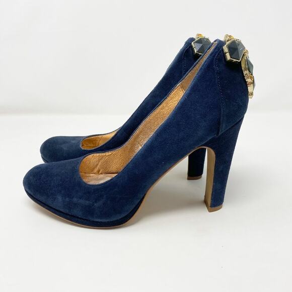 Anthro Miss Albright Navy Blue Suede Almond Toe Pumps Size 8.5 Rhinestone Accent - Picture 2 of 9